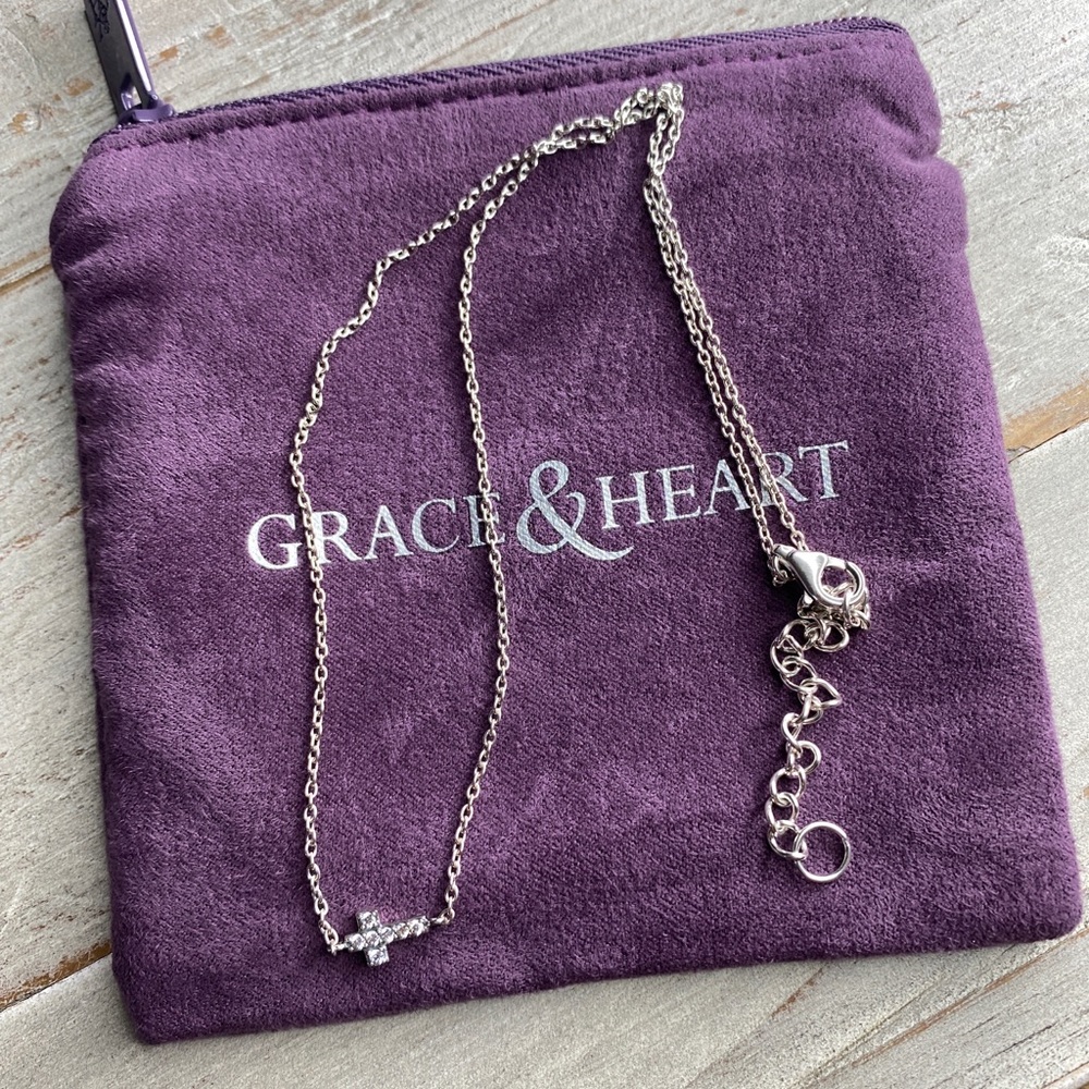Grace & Heart G&H INITIALLY MINE CROSS NECKLACE .925 STERLING SILVER 16” CZ !NEW